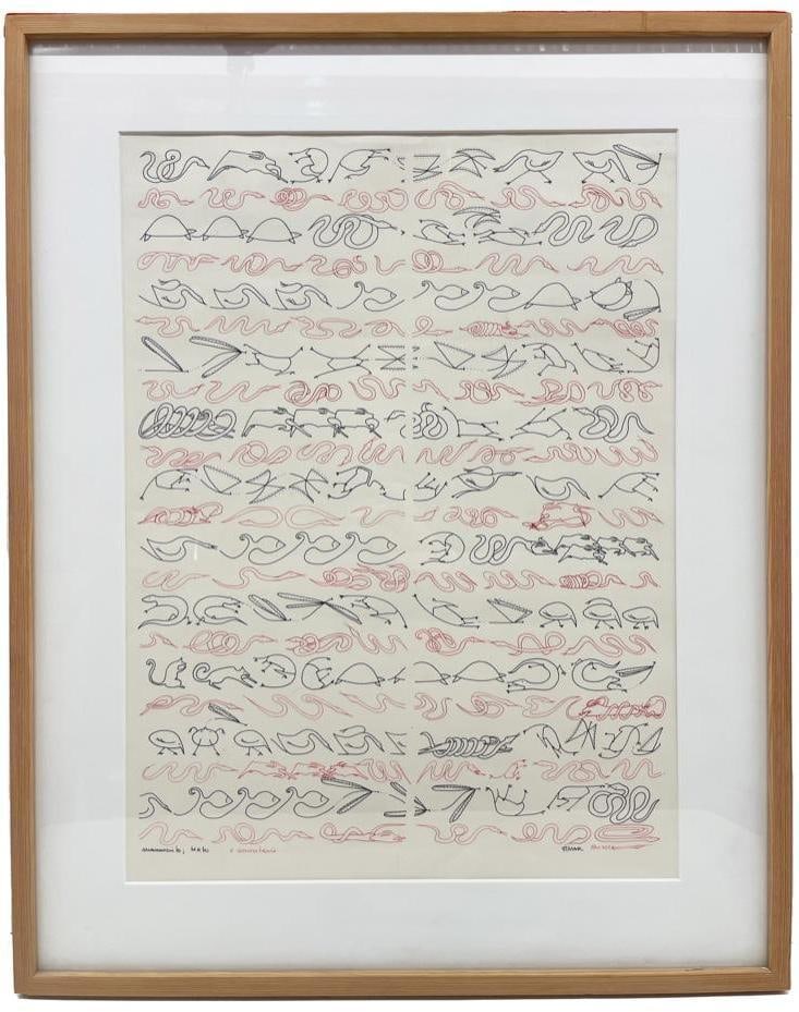 An Original Ink on Paper by Fonseca (Argentinian): South America, 20th century. Red and black ink on paper. 24.0" L x 30.0" H; sight 17.0" L x 22.5" H.