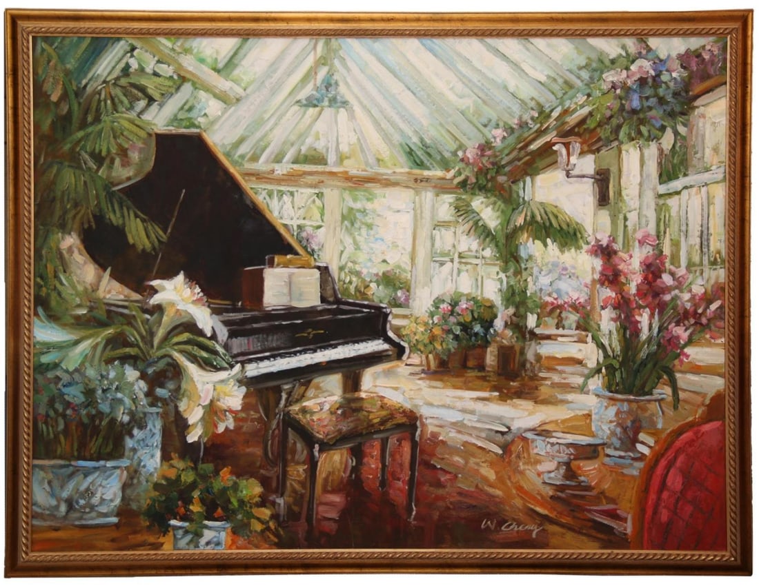 An Oil painting of Piano in Conservatory: Piano in Conservatory Painting 43" L x 33" H (frame) Oil on canvas Signed lower right corner