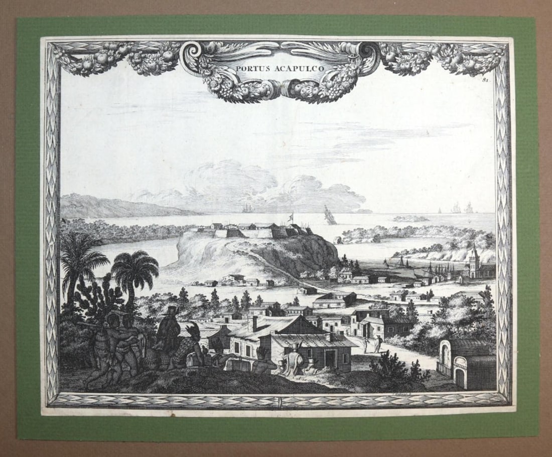Carel Allard "Portus Acapulco" Engraving c. 1695: 1695 Carel Allard "Portus Acapulco" Engraving. Amersterdam. Copper plate etching. 16" x 12" (mat) 11" x 8 1/2" (engraving)