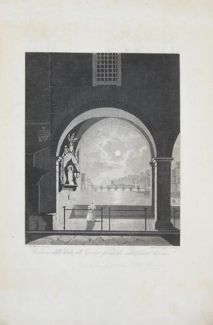 Ponte Vecchio Arch Scene Etching c. 1840 (1 of 3)