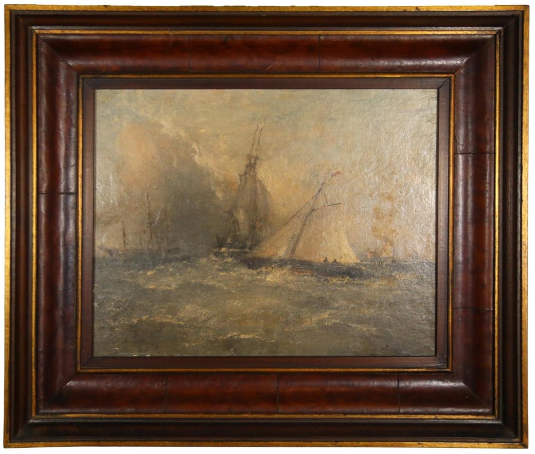 "White Caps" Dutch Oil on Canvas: Sail Ships and White Caps Unsigned Oil on canvas 10 x 12 1/2 inches Crotch veneer wood frame