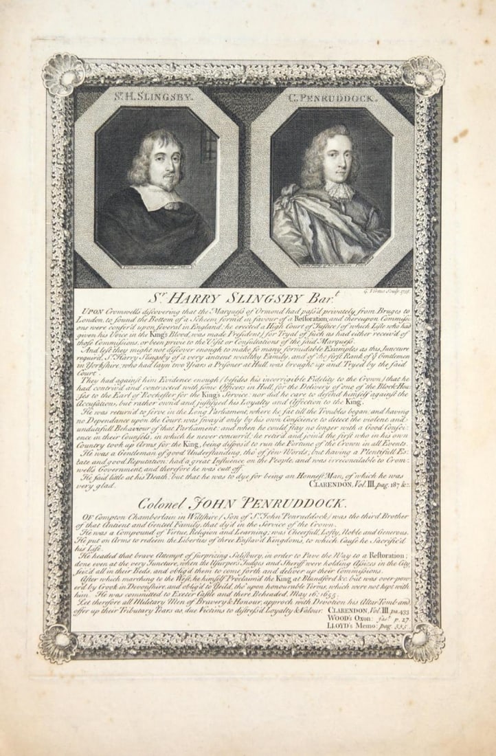 1735 Sir Henry Slingsby, Bt and John Penruddock by George Vertue: A line engraving from 1735 featuring John Penruddock (1619-1655) and Sir Henry Slingsby, Bt (1602-1658). George Vertue (1683-1776) Engraver and antiquary. Measurs 11 x 15 inches.