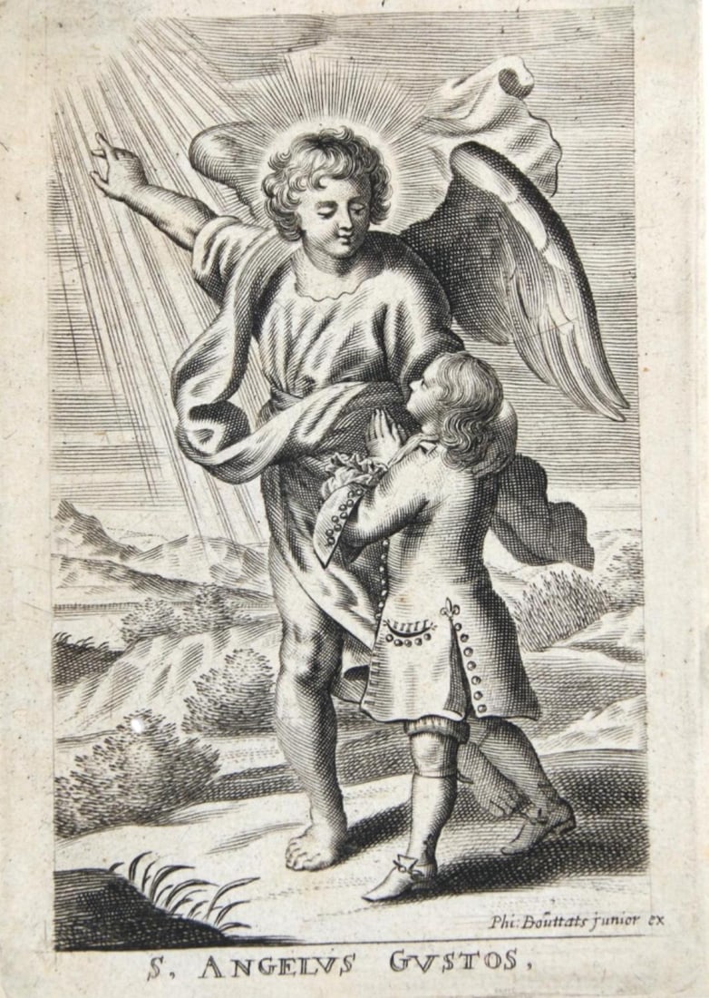 'S. Angelus Gustos' Engraving by Philibert Bouttats Junior (Flanders, 1600s): 'S. Angelus Gustos' Engraving by Philibert Bouttats junior. Flanders. 1600s Measures 3 3/4" x 5 1/4" Overall good condition. Small hole in bottom left; on laid paper.