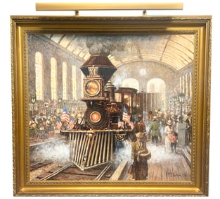 Frank McElwain Oil (OH/b.1942) Train Station Oil on Canvas
