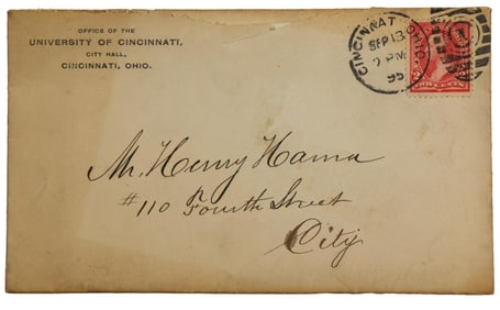 University of Cincinnati Letterhead and Envelope addressed to Henry Hanna