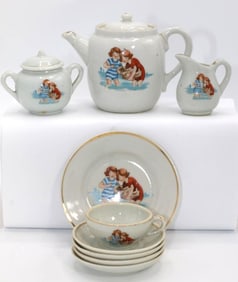 An Antique Japanese Child's Tea Set, Girls Playing in Water
