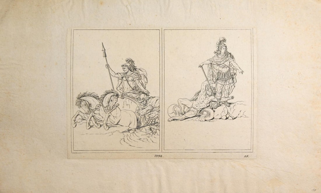 Antique Greek Deities Etching: Etching on laid paper featuring Appollo on a chariot and possibly Athena. Backed with watermarked paper. Approx 5 1/2" x 7 1/2" With margins 8" x 13" Overall good condition. Foxing a