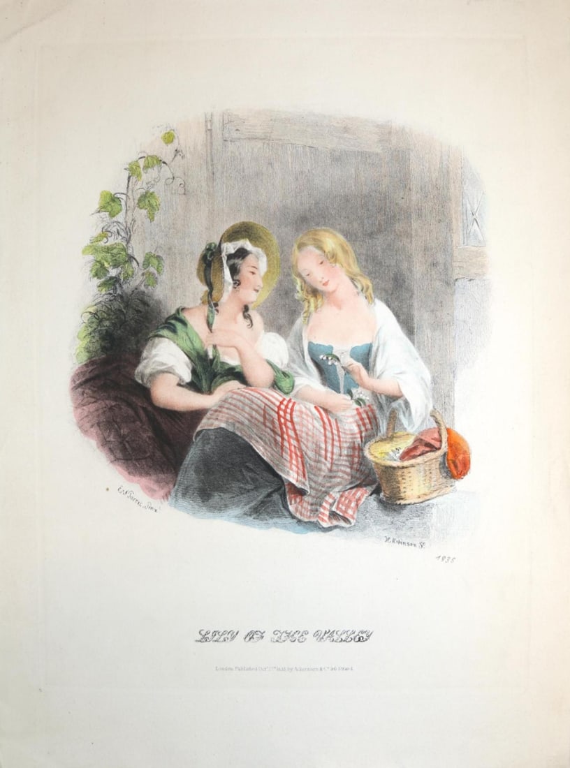 1835 Lily of the Valley Hand-colored Engraving: H. Robinson Sc. E Harris Painter. London. Published 1835 by Ackermann & Co. Measures 11" x 15" Some creasing and loss to edges.