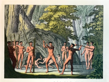 'Botocudo Tribesmen Engage in Terrirotiral Duel, Brazil' c. 1840s Engraving