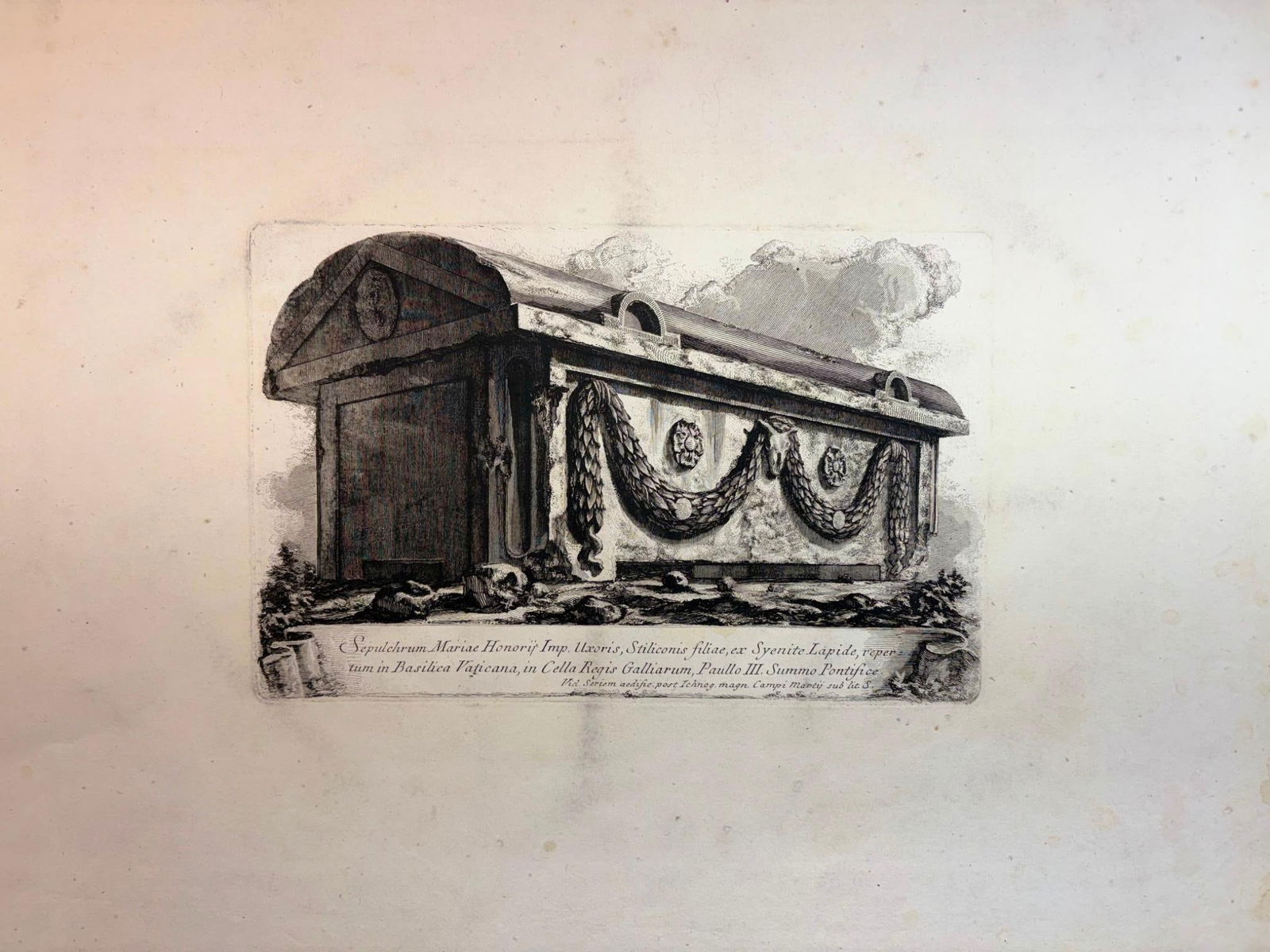 A 1st State Engraving by Piranesi, "Sepulchrum Mariae Honorii': Measures 21.75 x 16 inches