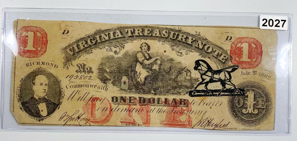 1862 Virginia Red Seal Dollar Bill ABOUT UNC: 1862 Virginia Red Seal Dollar Bill ABOUT UNC