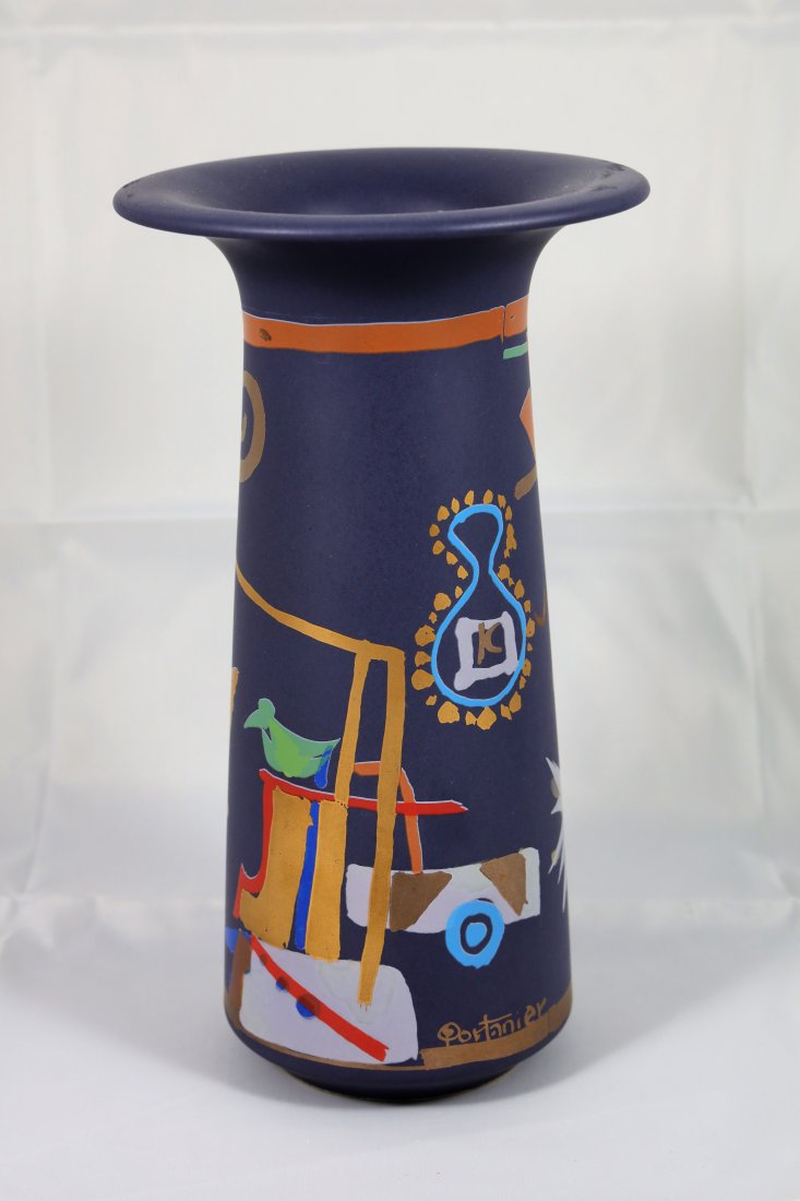 Vintage Rosenthal Vase: Rosenthal Germany vintage designed by French ceramist Gilbert Portanier (B.1926). Matt Glaze finish - Colorful Abstract design with gilt accents. 7.75"H x 4.25"W