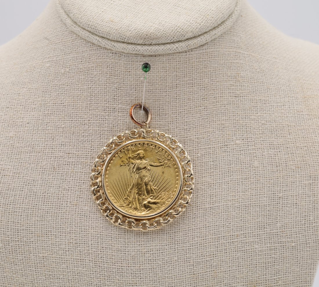 Gold Coin Pendant: 1924 Saint Gaudens Twenty dollar Gold Coin surrounded by a link setting. 1.75"D