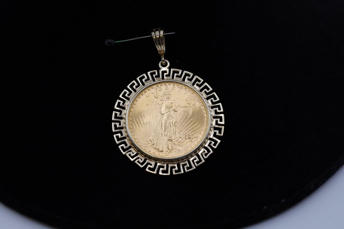 1914 14K Coin Pendant: 1914 Twenty dollar Saint Gaudens Double Eagle coin pendant Greek key surround 14K - 2"D