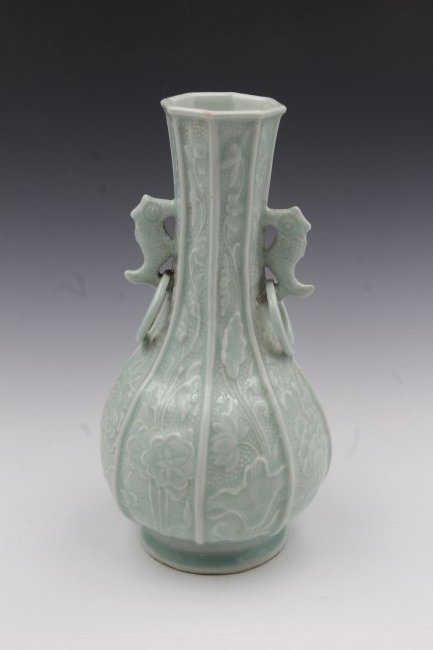 Tsung Hing Period Vase: Beautiful Chinese Bottle/Vase from the Tsung Hing (Sung) period - Celadon decorated throughout, No markings on the base. 9"H- 22.86cm = Private NY Collection