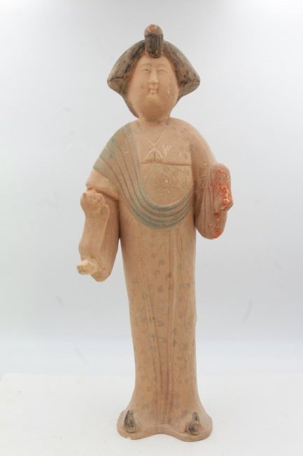 Large Period Terra Cotta Court Lady: Standing with full features wearing a long robe. Tulip bun. The face with full features. A tall plump and rich body are covered with beautifully painted clothing with curved shoes. Holding a cat in he