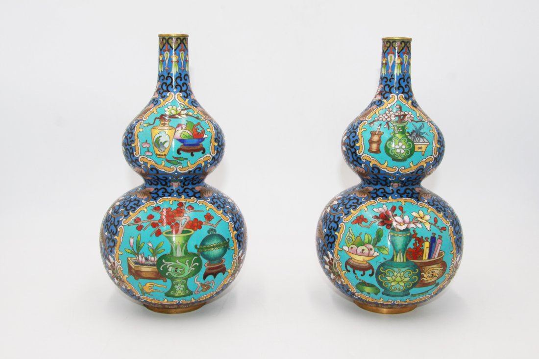 Pair of Matching Double Gourd Cloisonne bottles (1 of 3)