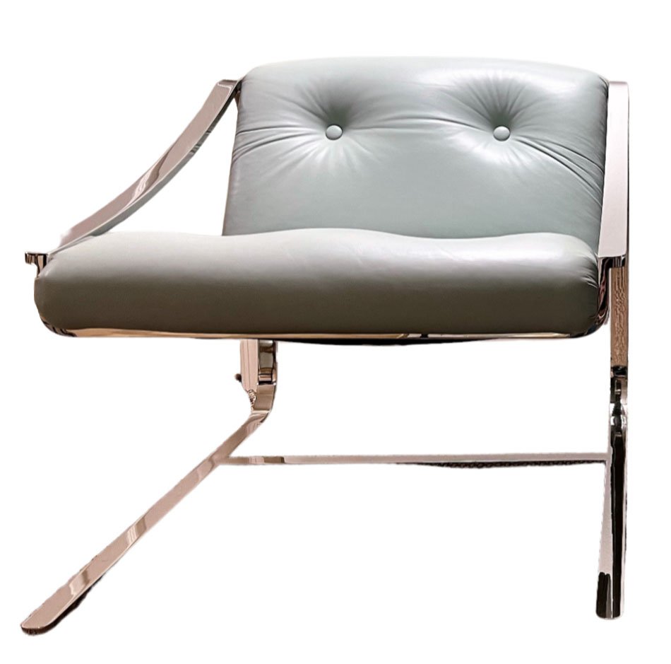 Charles Gibilterra for Brueton Modern Seafoam Green Cantilever Armchair: Polished chrome polished chrome chairs with heavy cantilever base. Made by Brueton, featuring handsome lines and a comfortable seafoam green tuft cushioned seat and back. Seafoam Green- 29"H x 30" W x