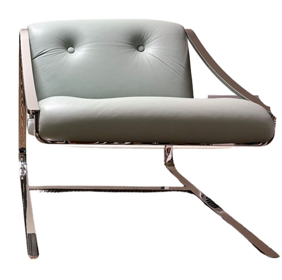 Charles Gibilterra for Brueton Modern Cantilever Armchair: Polished chrome chair with heavy cantilever base. Made by Brueton, featuring handsome lines and a comfortable seafoam green tuft cushioned seat and back. Seaform Green- 29"H x 30"W x 37"D Label on und