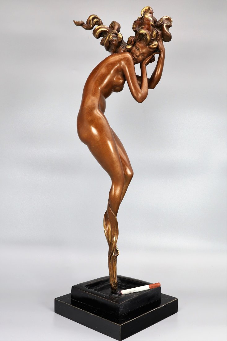 LOUIS ICART "Illusion" Bronze Figure Signed: Illusion based upon the 1940 etching titled "Tabac Blond" depicts a sensual languid nude materializing in the smoke of a burning cigarette. Beautifully done in bronze with patinas of warm bronze and s