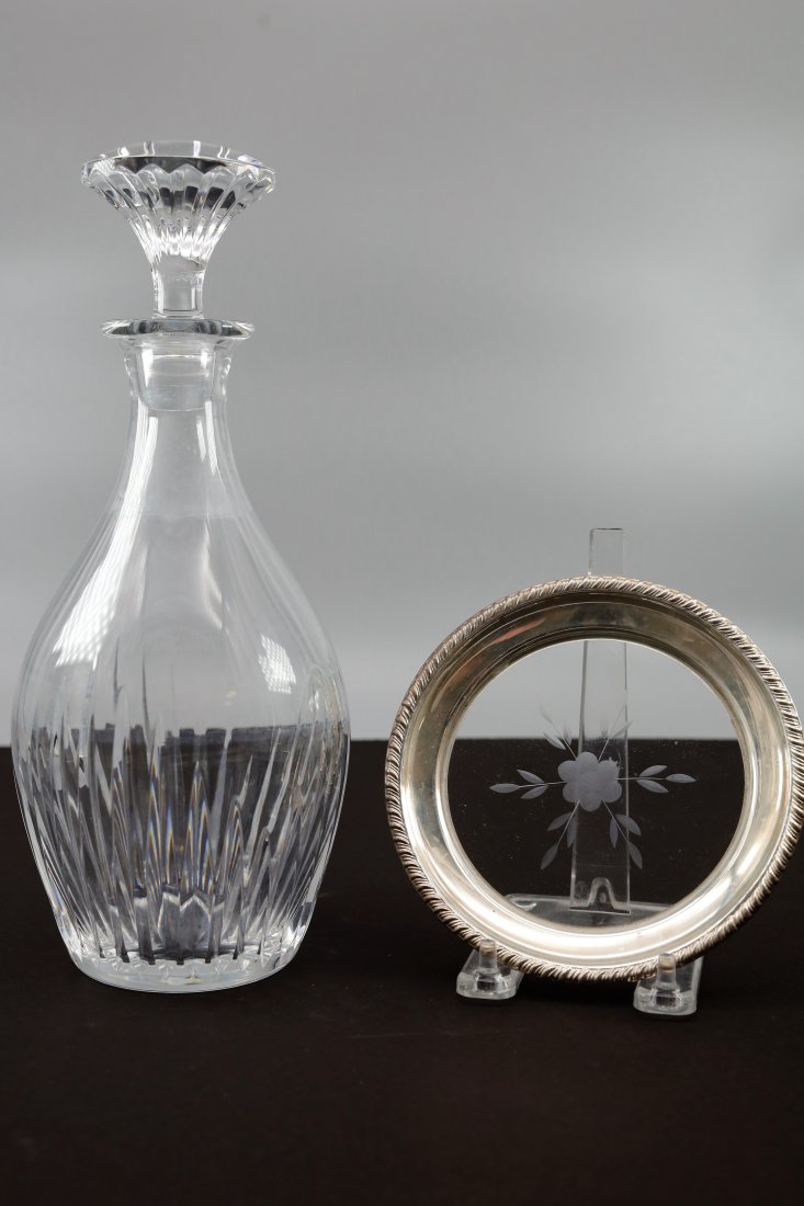 Vintage Baccarat Crystal "Massena" Whisky Decanter: Baccarat Crystal France Massena Decanter w/ Stopper Both pieces Stamped/Hallmarked: Baccarat France- 11"H Included Sterling/Glass wine coaster-5.5"D Local Pick-up at Stonybrook or shipping is availabl
