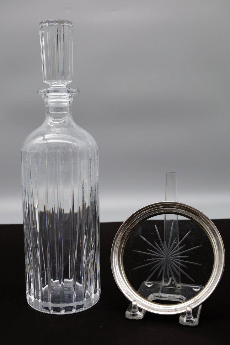 Vintage Baccarat Crystal Decanter and Wine Decanter holder: Decanter with stopper both signed - 13"H Includes sterling glass wine holder- 5" Local Pick-up at Stonybrook or shipping is available