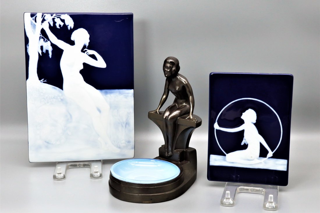 Vintage Art Deco Accent Decor: Vintage Deco style with nude figure and robins egg blue dish by NUART Creations- 7"H Vintage beautiful French Pocelain Tiles in cobalt and white deco shadow figures largest: 9.5" x 7" smaller: 6.5" x 
