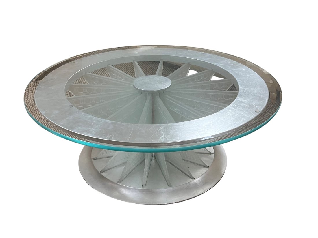 MCM Exquisite Brueton Low Table: This stunning piece from the makers of Brueton Industries is a rare find. A circular shape top is silvered accented. The base is frosted in a Lalique style design in an art shape from soft blades. 47"