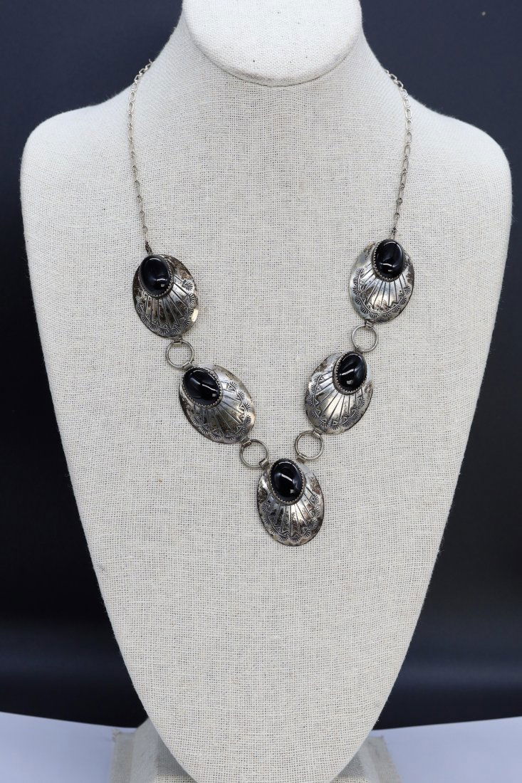 Incredible Vintage Native American Navajo Domed Jet Sterling Silver Necklace (1 of 4)