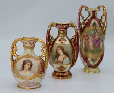 3 Beautiful Royal Vienna vases: Antique Royal Vienna vases- a nice collection. All three have twinhandles, beautiful women and colors.