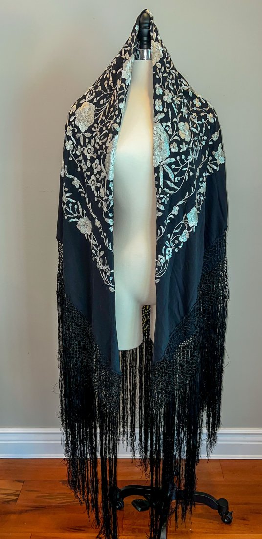 Fancy Vintage Flamingo Embroidered Shawl -Black and White: Timeless black and white shawl to go with anything. Fits all. Embroidered with beautiful white silk flowers across the whole of the shawl. It has extremely long fringing and macrame.