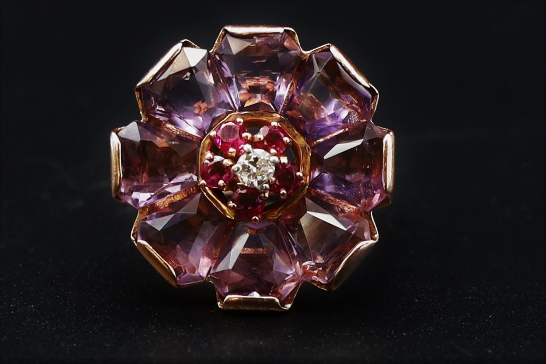 Vintage Stunning 14k Yellow Gold Flower with Amethyst, Rubies and diamond! (1 of 8)