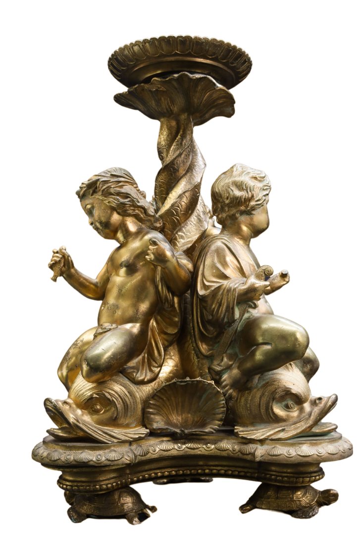 Exceptional French Antique Gilt Bronze Tazza: This Tebaissance revival style is a beautiful piece. The pedestal supporting the bowl(Missing) is fashioned with three dolphins intertwined at the tail on which sit three putti emblematic of the harve