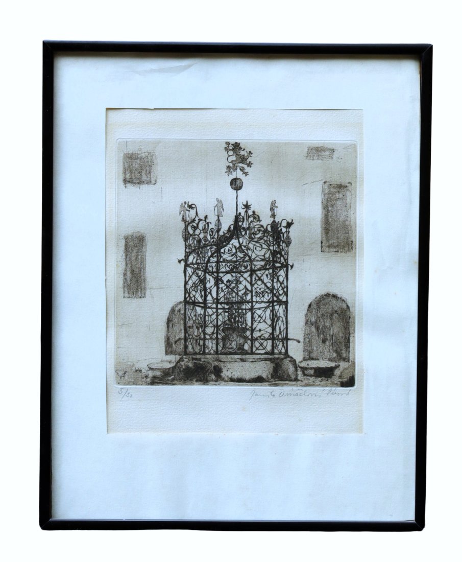 Nice done etching pencil signed lower right and numbered 5/30: Nice black and white with angels, Lion windows, and a door.