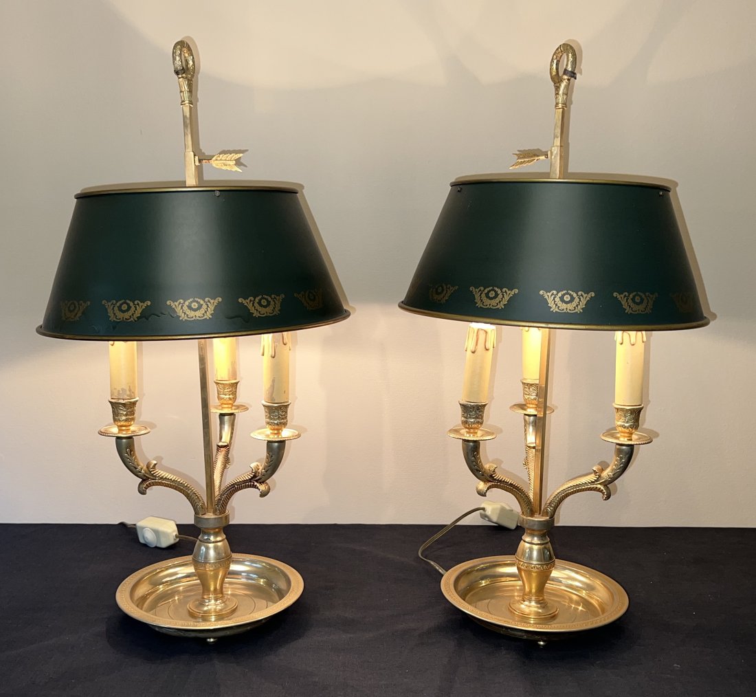 Pair Gilt Bronze Neoclassical Lamps with Tole Shades. (1 of 17)