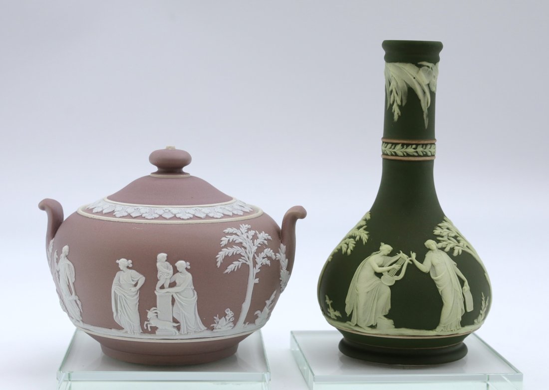 2 Unique Wedgwood pieces. Rare LILAC Jasperware lidded sugar bowl  and SAGE GREEN Jasperware vase (1 of 6)