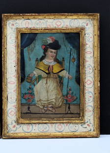 Early Mexican Folk Mexican Folk Art Retablo 19th Century The Holy Infant of Atocha: Original oil on tin sheet with board backing on a hand-painted frame. A painting of the Christ Child as the Holy Child of Atocha, seated, flanked by two vases of roses. Dressed in a traditional capele