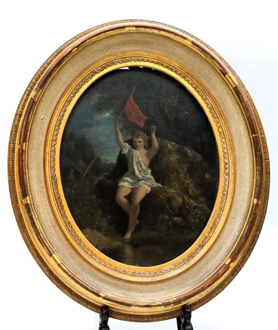 19thC Oil on Board Landscape with Girl with Flag very well done. (1 of 5)