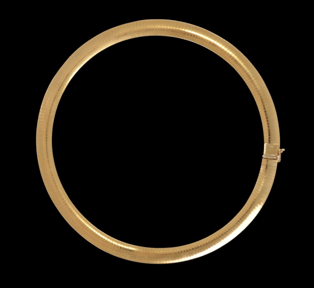 Beautiful 14K Yellow Gold Omega Sleek Chain- 57.7 Grams: Vintage Wide 14k gold Omega choker featuring Tab Box Clasp with side safety clasp - 57.7 Grams Gold