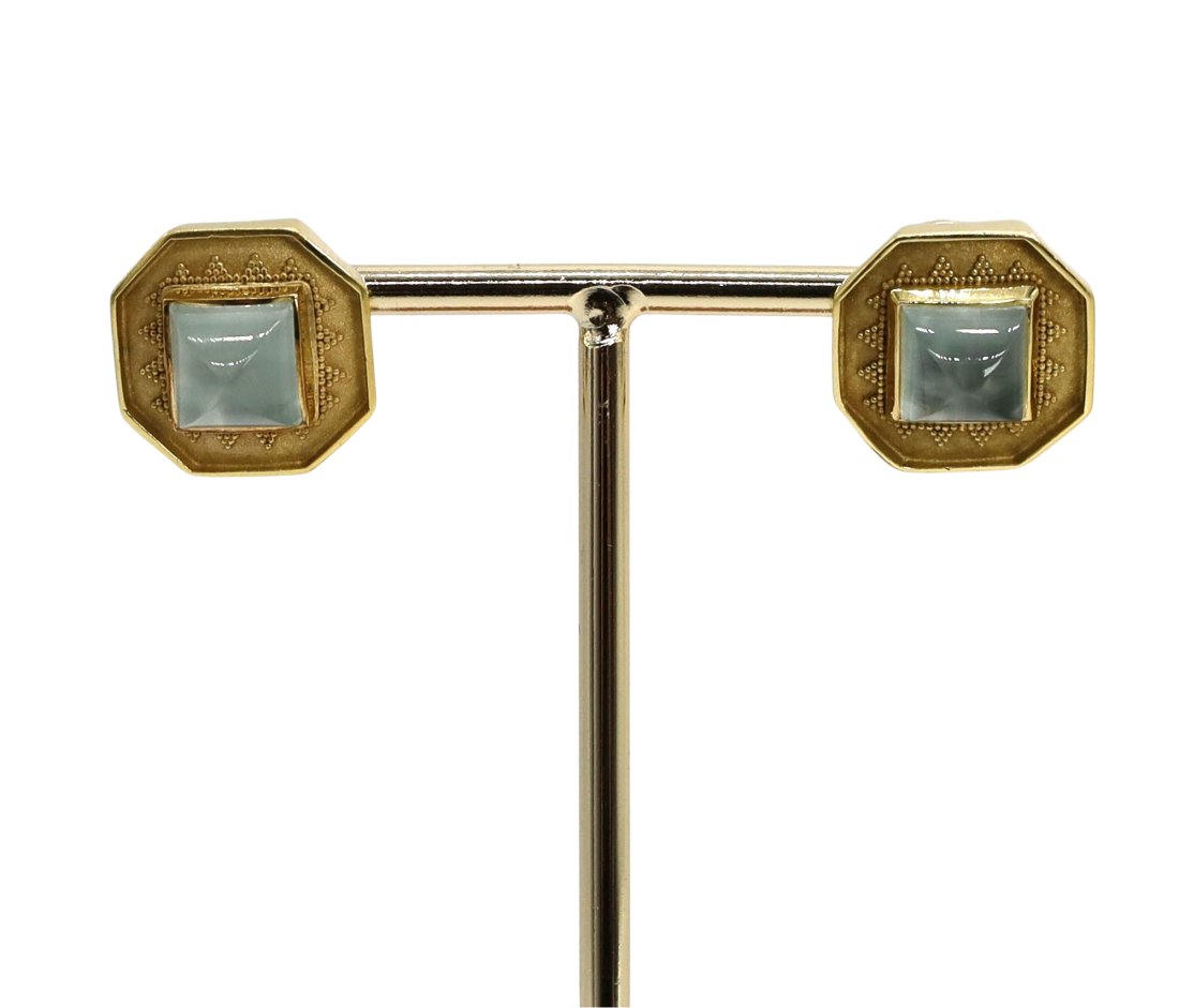 Vintage 18K Earrings with Aquamarine Center Stone: !8K yellow gold earrings with a square center stone and gold balls shaped into pyramids all around- very unique. French backs and very comfortable. 16.5 grams TW