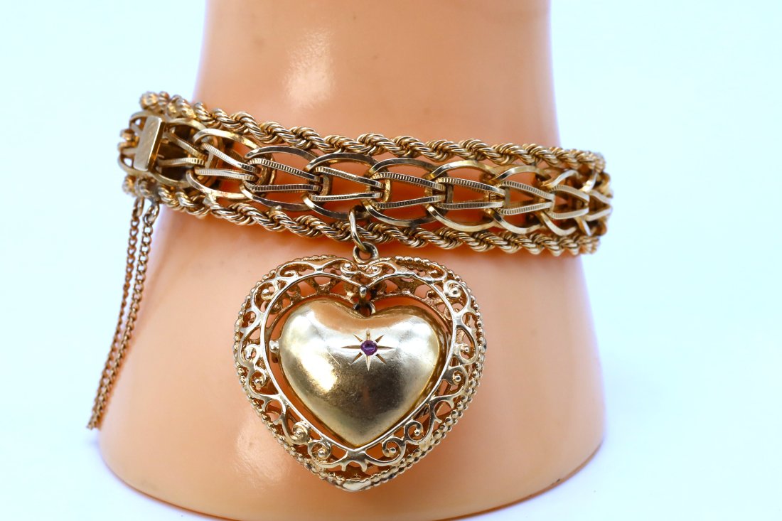 Vintage 14Kt. Yellow Gold Charm Bracelet with Huge Locket- 48.8 GRAMS (1 of 8)