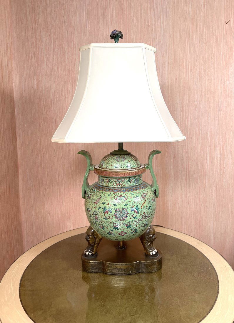 Chinese  famille-Rose Lime Green Gound "Lotus" 3 footed Porcelain Censer, now lamp (1 of 14)