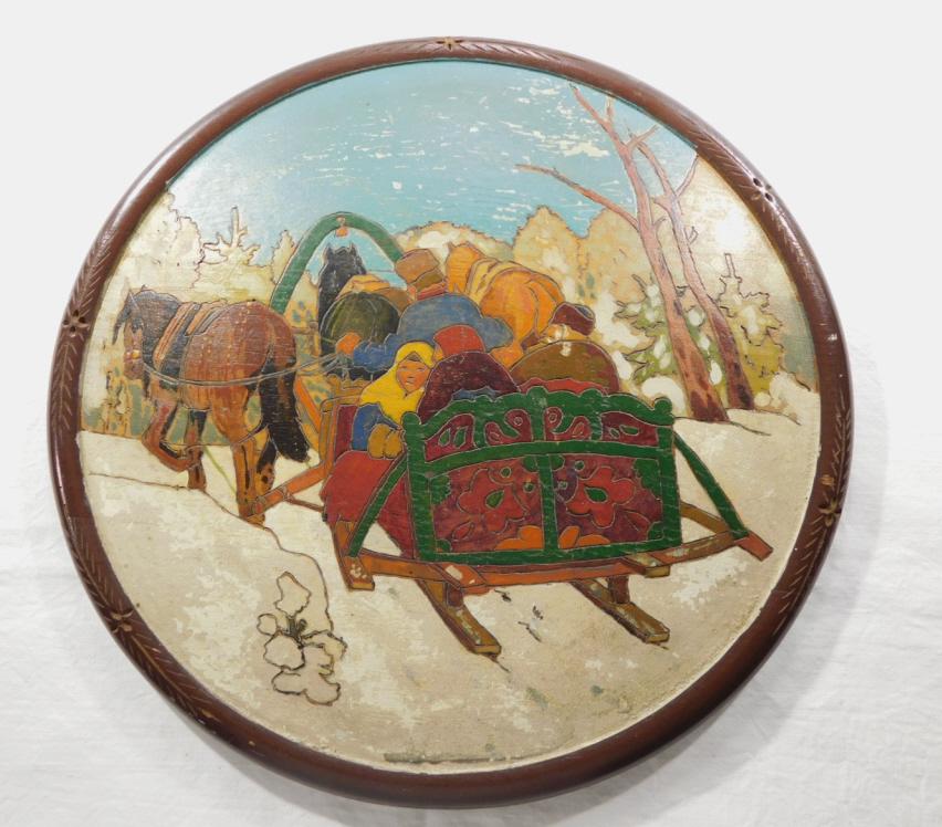 RUSSIAN ANTIQUE HAND PAINTED TROIKA SCENE ON WOOD: Unsigned, measures 10" wide, 19th century, was hanging on the inside of a barn, brought over from Russia before the war