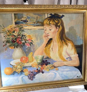 MARCEL DYF (1899-1981) FRENCH OIL/ CANVAS: Painting of a young woman seated at a table, 28" X 23" signed lower right. Note this painting was offered 10 years ago before the people moved from New York, it had at the time a $4000 reserve , the e