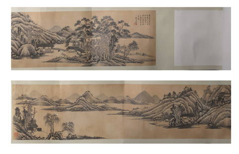 A LANDSCAPE PAINTING PAPER SCROLL HE WEIPU MARK: 196cm*29cm