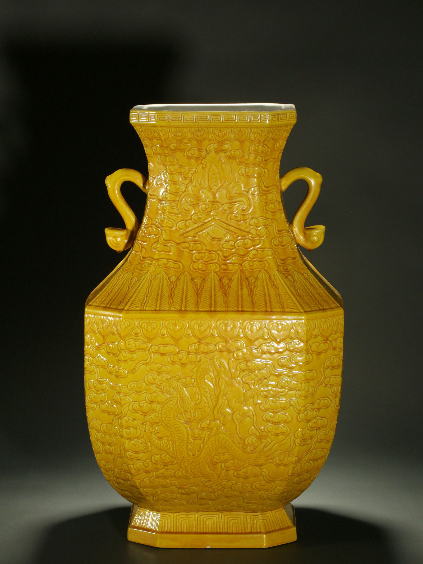 Imperial-Yellow Glazed Quadrangular Vase with Low-Relief Incised Dragon-Phoenix Motifs and Ruyi-Form: H:53.6cm
