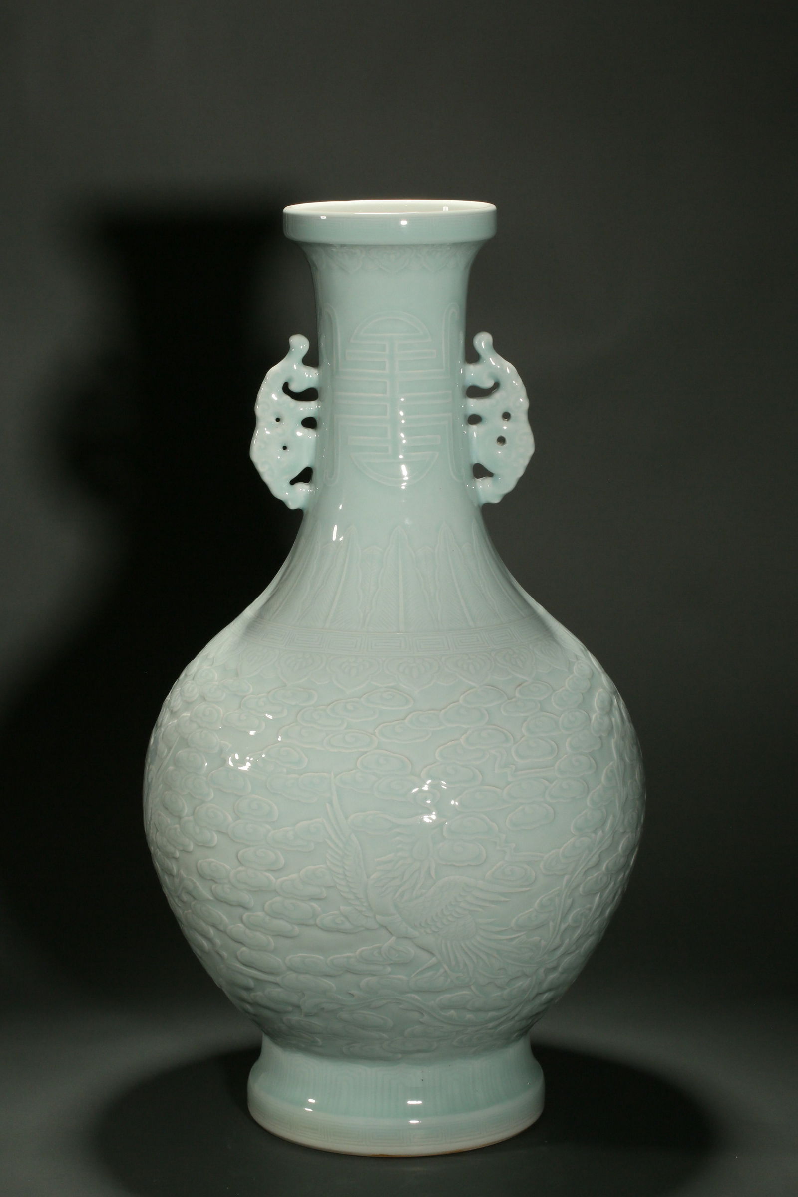 Powdered-Celadon Glazed Olive-Form Vase with Double Five-Clawed Imperial Dragon-Head Handles Bearing: H:56.2cm