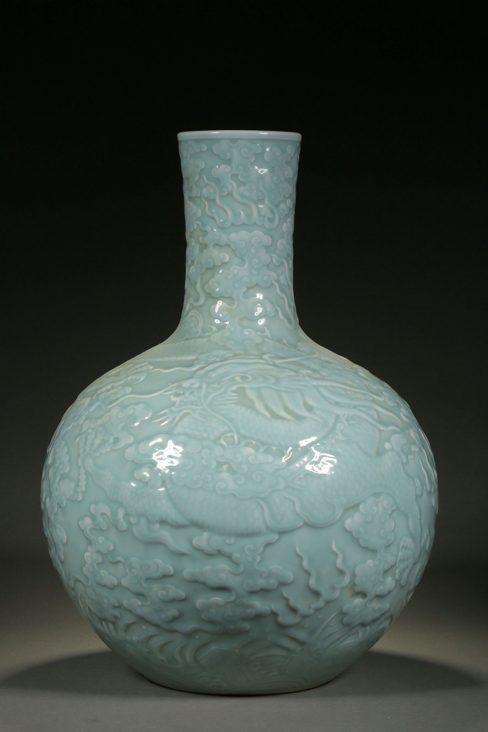 Sky-Blue Glazed Celestial Globe Vase with Incised Imperial Five-Clawed Dragon Amidst Ruyi Clouds: H:52cm
