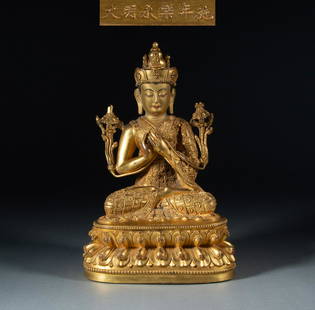 MING DYNASTY - BRONZE GILT MANJUSRI BODHISATTVA: H:22.5cm,W:15cm,Weight:2150g