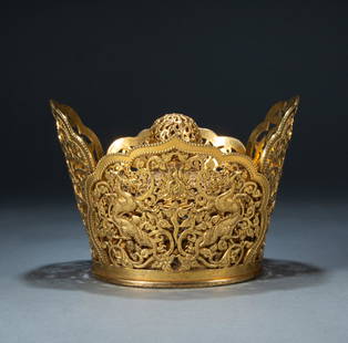 TANG DYNASTY - BRONZE GILT DRAGON AND PHOENIX PATTERN HOLLOW OFFICIAL HAT: H:11.3cm,L:14.8cm,Weight:623g